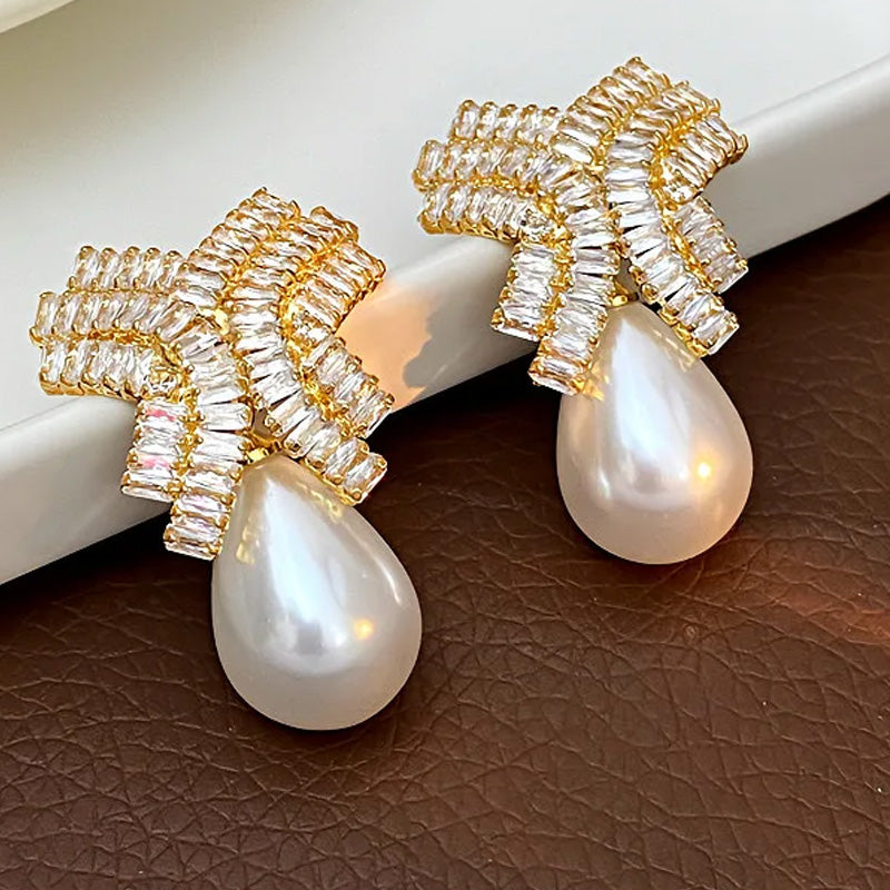 Madeline Crystal Bow Pearl Earrings