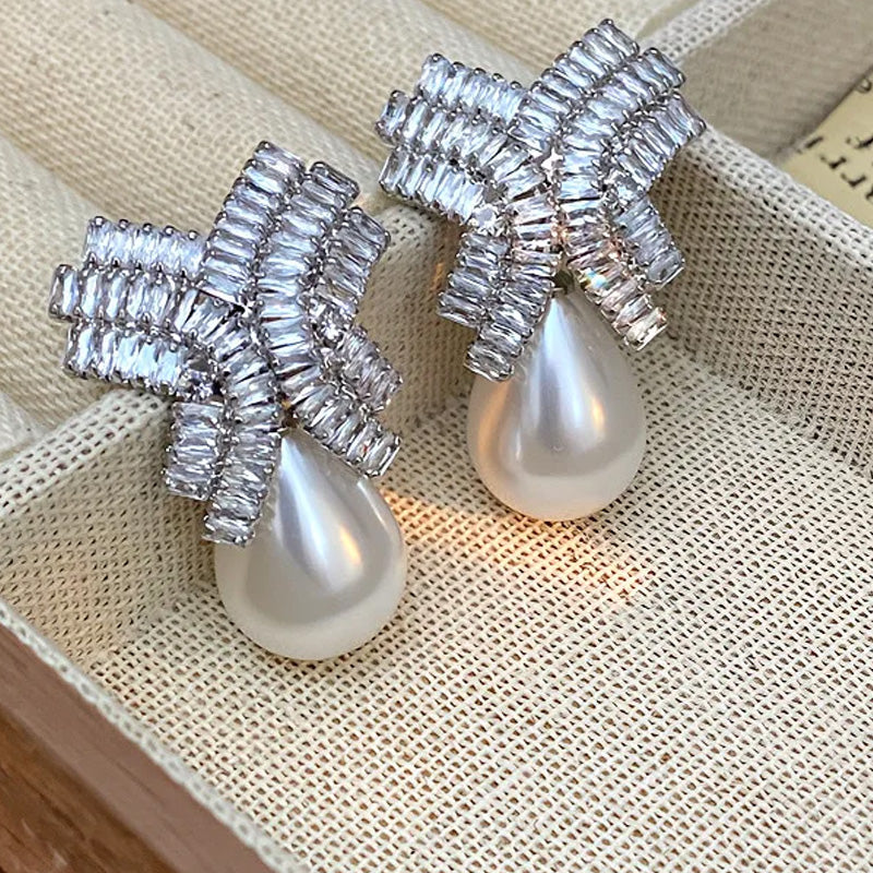 Madeline Crystal Bow Pearl Earrings