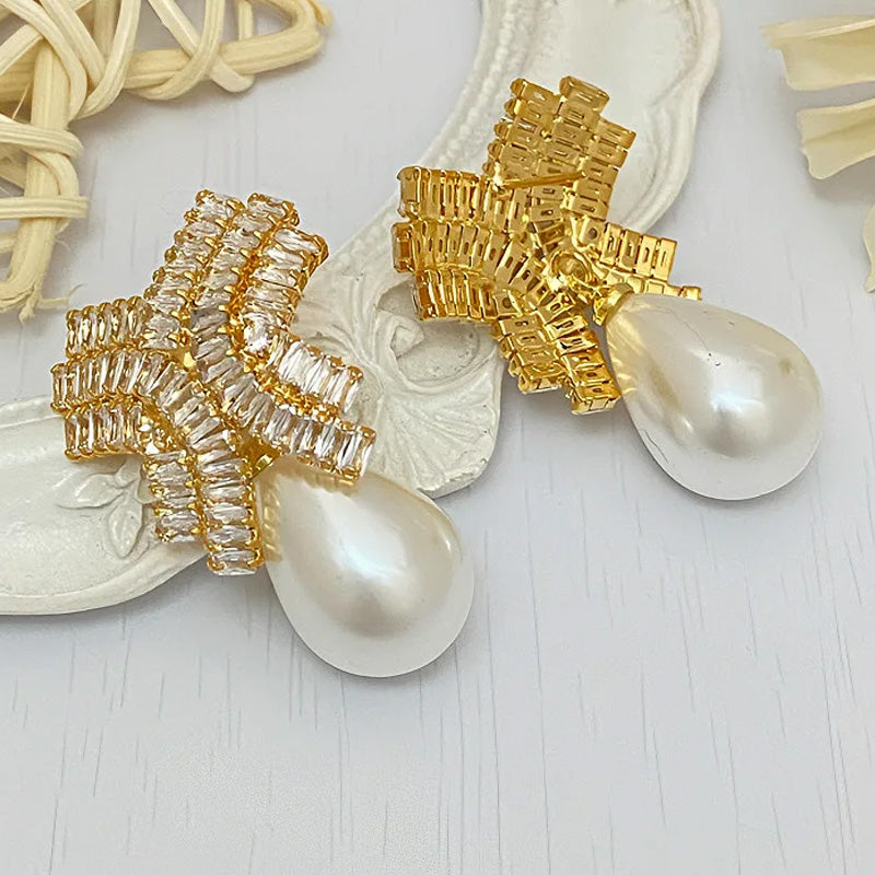 Madeline Crystal Bow Pearl Earrings